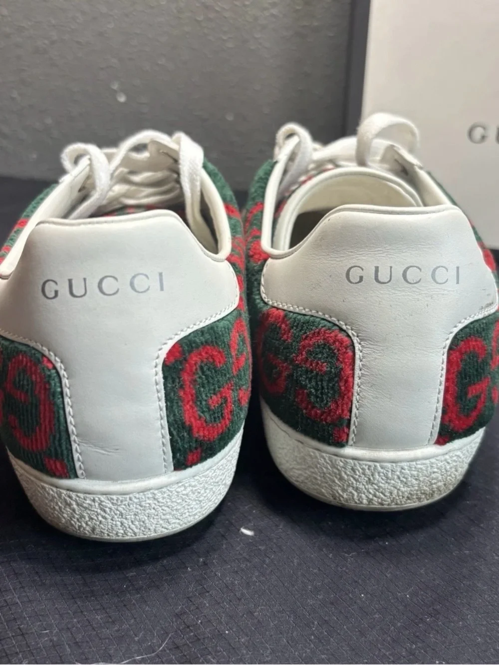 Size 7.5B- Gucci Ace GG Leather Velvet Logo Sneakers Lightly Worn/Retail $750!
